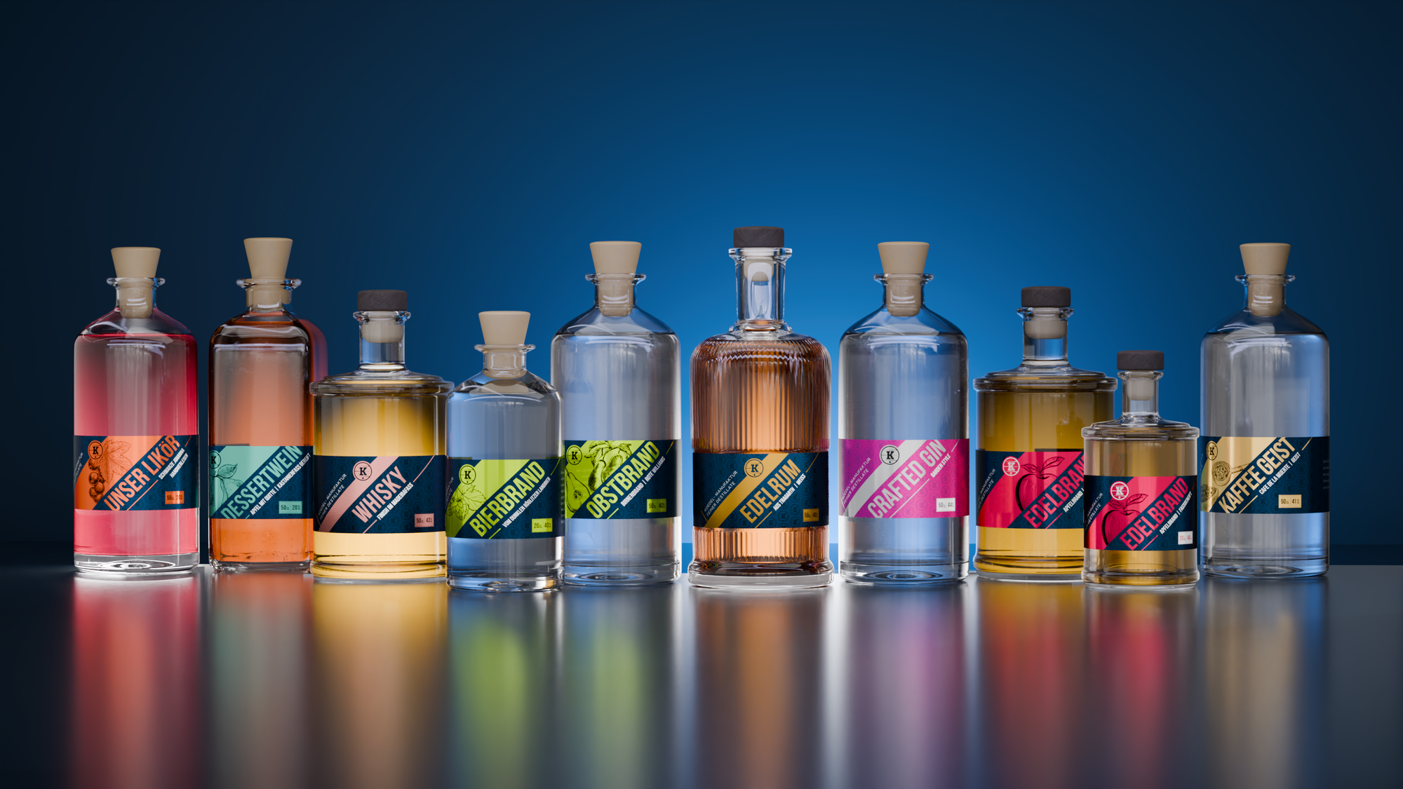 Übersicht des Koedel Spirituosen-Sortiments in einer Reihe, mit dynamischem Lichteinfall