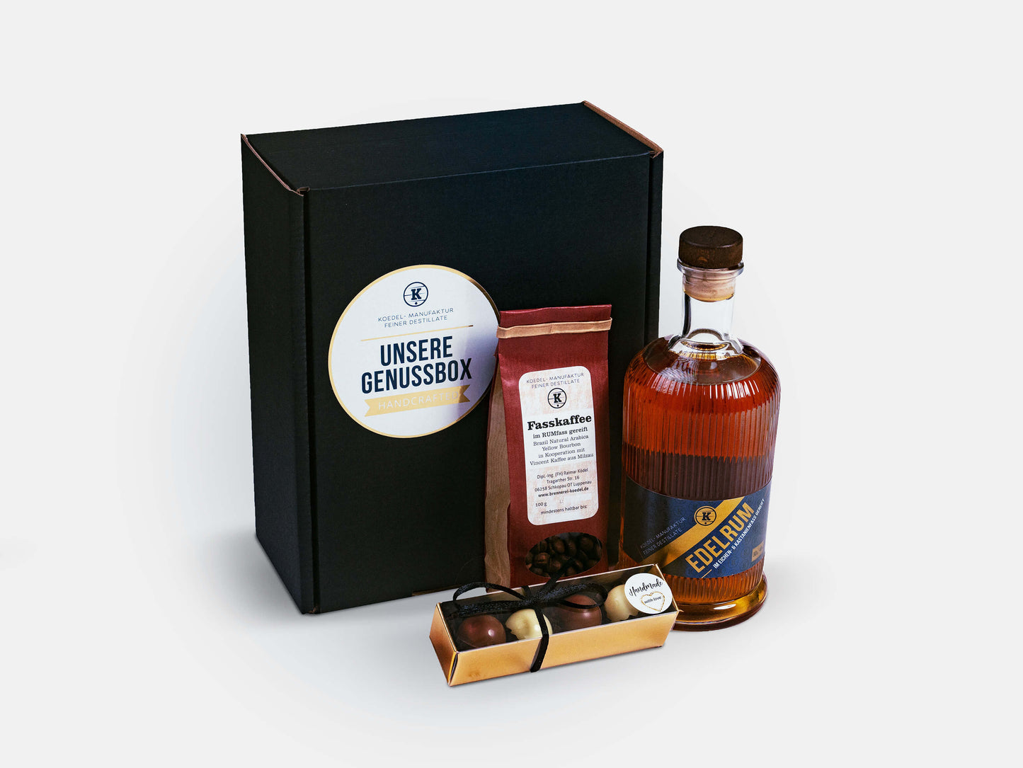 Edelrum-Genussbox mit Kaffee & Trüffelpralinen