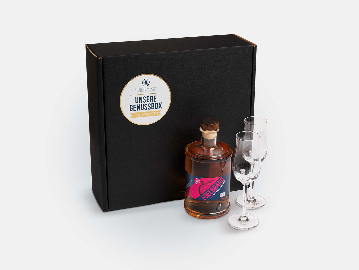 Edelbrand-Spezialitätenbox mit Gläsern